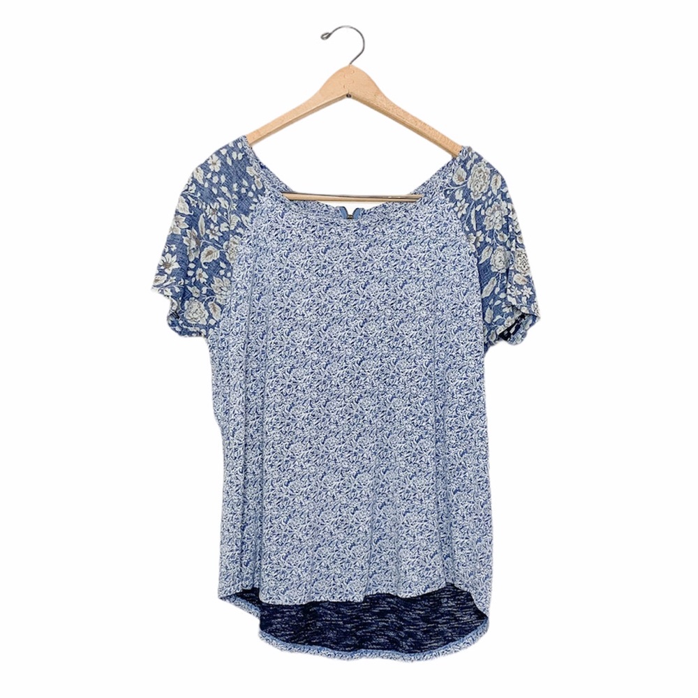 Lucky Brand Boho Floral Print Casual Tunic Short Sleeve T Shirt Blue Large L - Picture 1 of 10